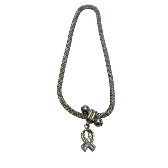 Silver Mesh Bracelet With Blue & Red Rhinestone Ribbon Pendant - Picture 2 of 10